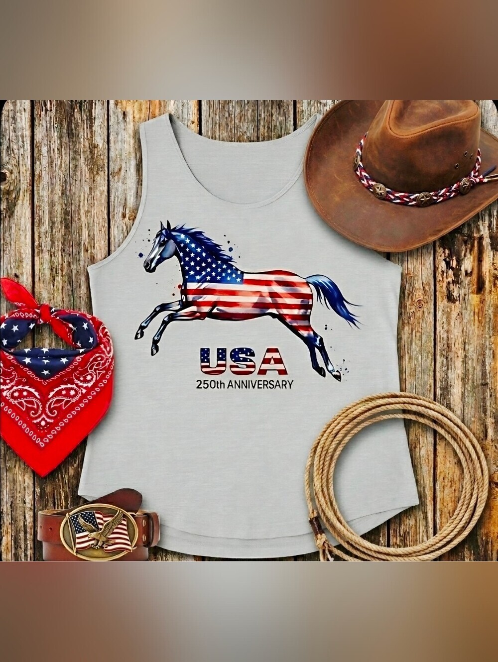 USA 250th Anniversary Patriotic Horse Tank | Western Americana Graphic Sleeveles